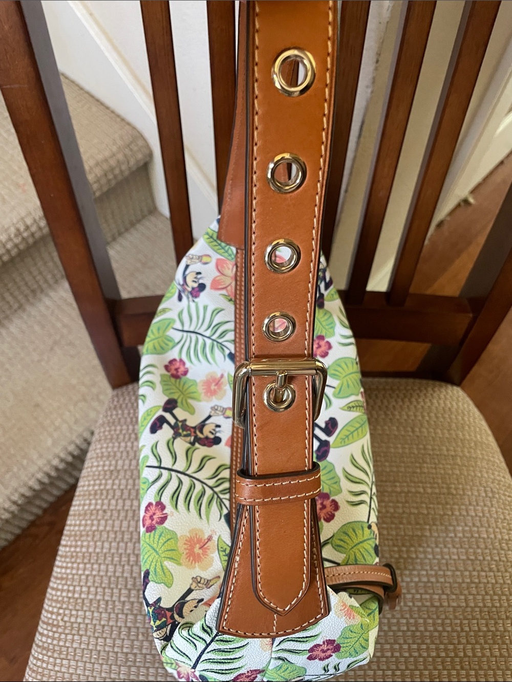 Dooney & Bourke White Canvas Tropical Floral Mickey Shoulder Bag with Tan Trim - Picture 4 of 7